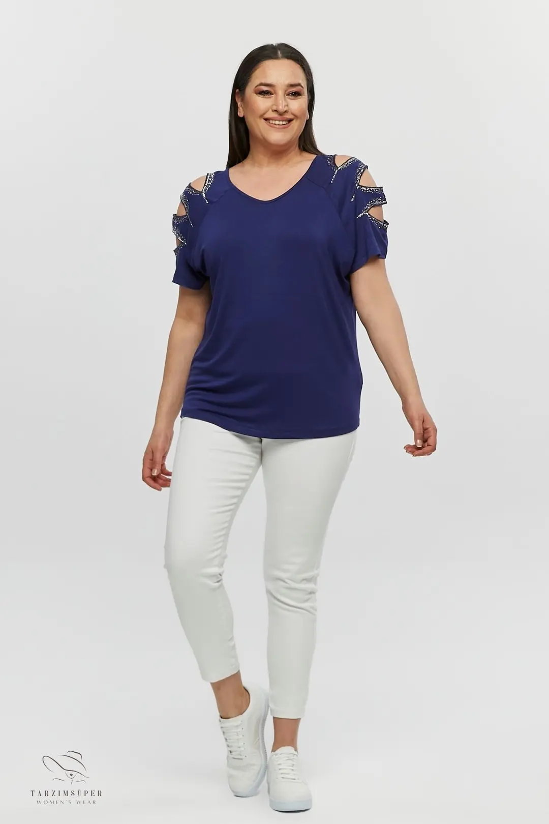 Lacivert Büyük Beden Pullu Kollu V Yaka Penye Tunik T-Shirt - Şık Konfor Modeli
