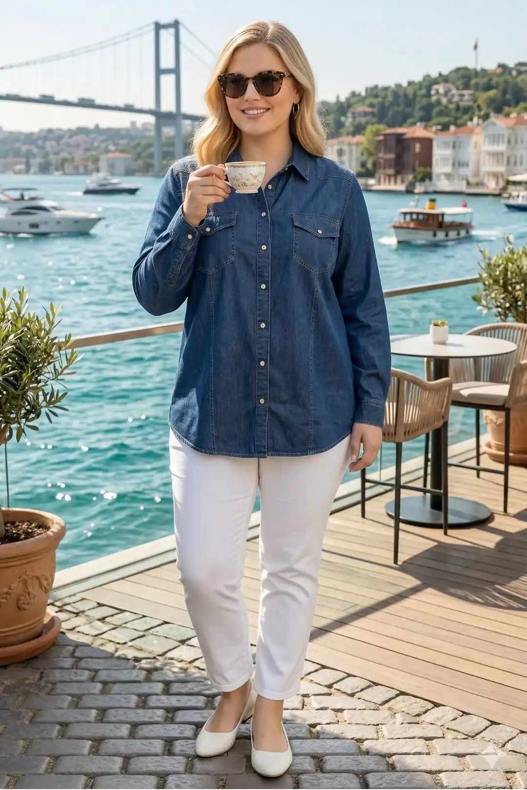 Kadın Büyük Beden Kot Gömlek Mavi Rahat Oversize Denim Gömlek Cep Detaylı