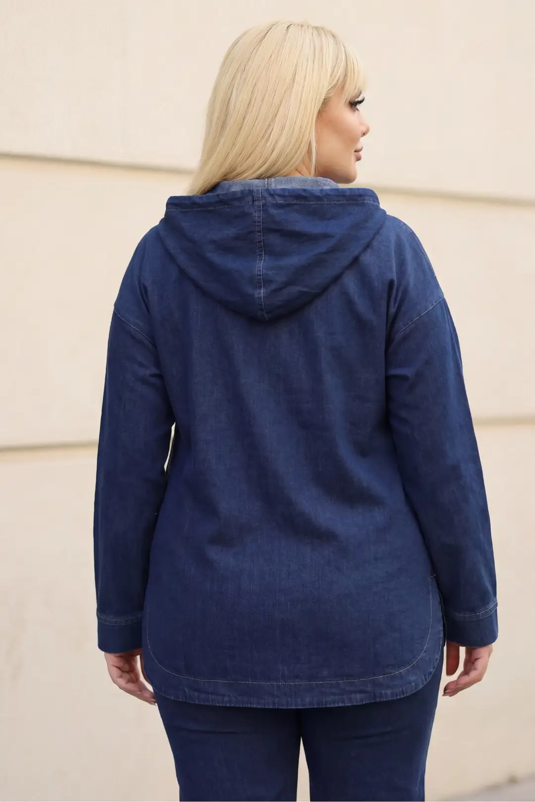 Büyük Beden Kadın Kapüşonlu Kot Takım - Fermuarlı Denim Ceket ve Pantolon İkili Takım