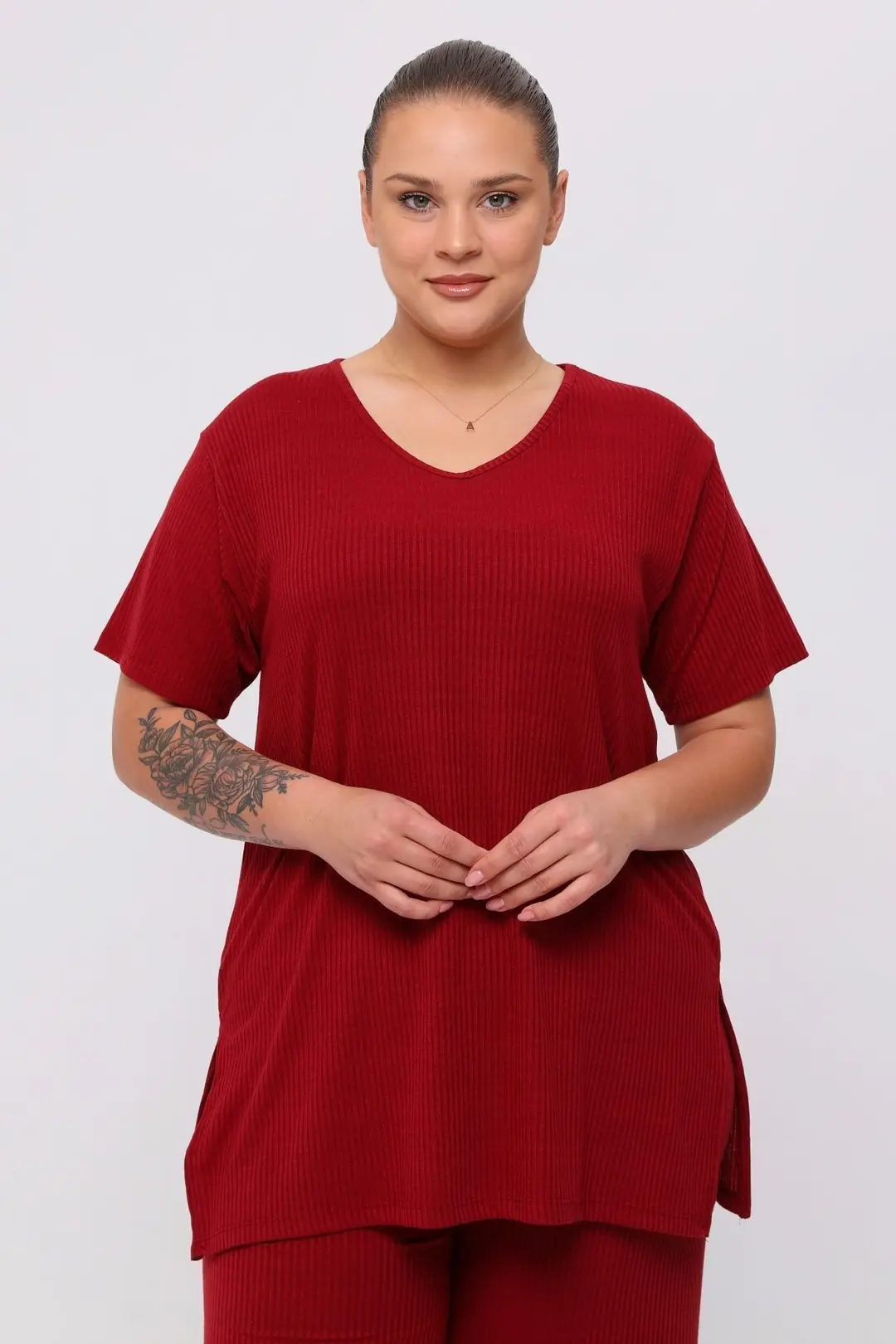 Büyük Beden Yandan Yırtmaçlı Konfor Modeli Takım Pantolonlu Tunik 2'li Alt-üst Takım