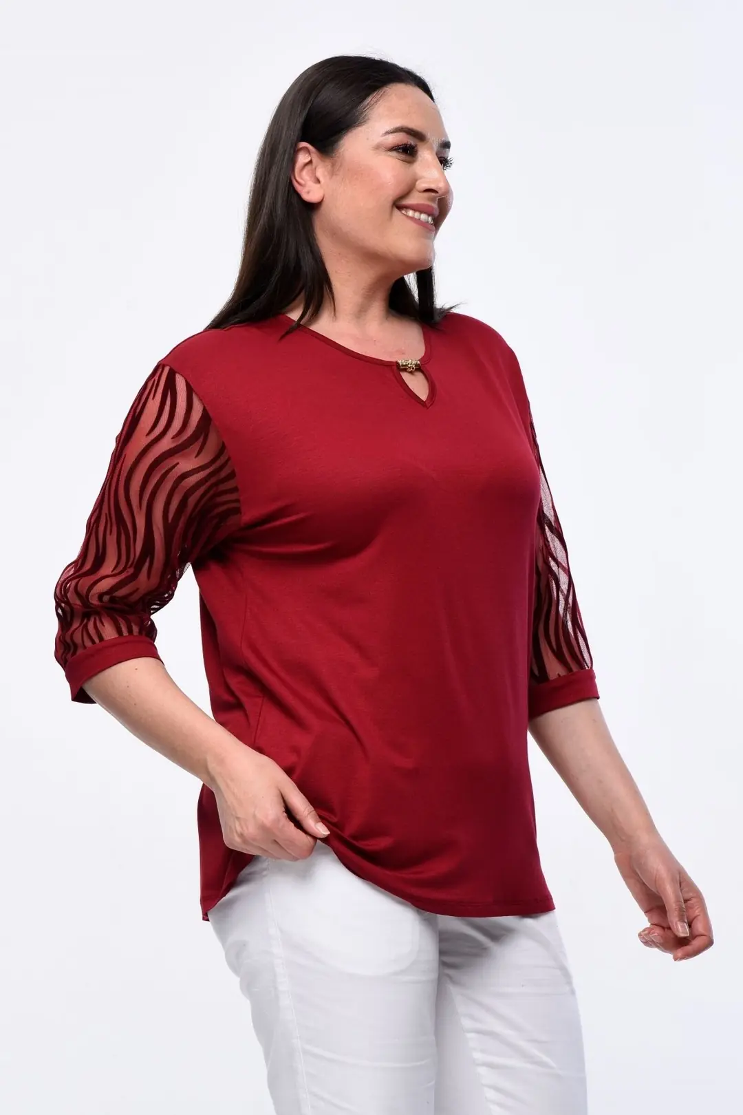 Büyük Beden Kadın Dantelli Kısa Kollu Abiye Model Bluz  4 Mevsim Tül Detaylı Plus Size