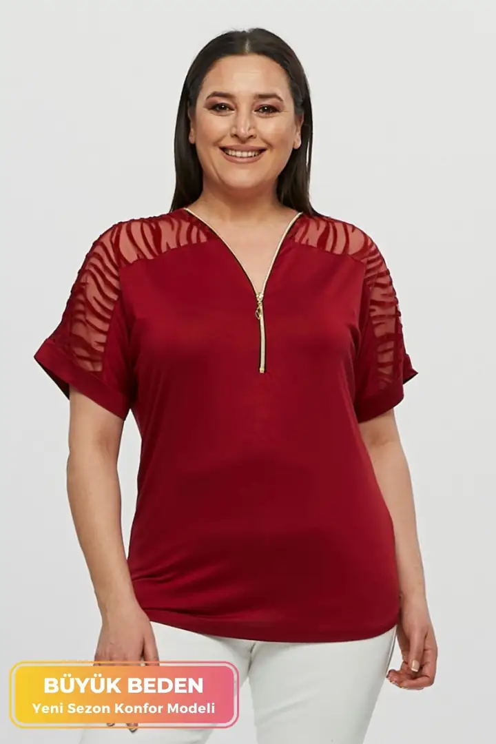 Büyük Beden Transparan Kollu Fermuarlı Kısa Kollu Penye Tunik T-Shirt - Şık Konfor Modeli - Bordo