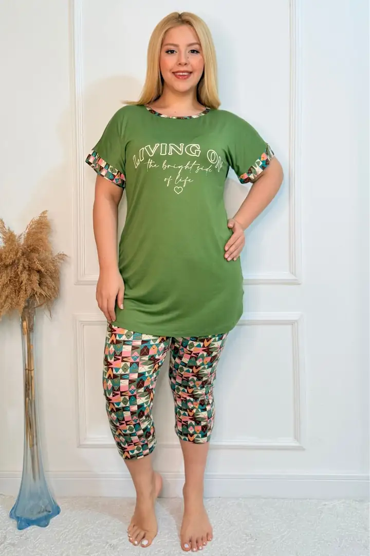  Büyük Beden Beli Lastikli Konfor Modeli Viskon Pamuklu Kadın Kapri Pijama Takım - Yeşil
