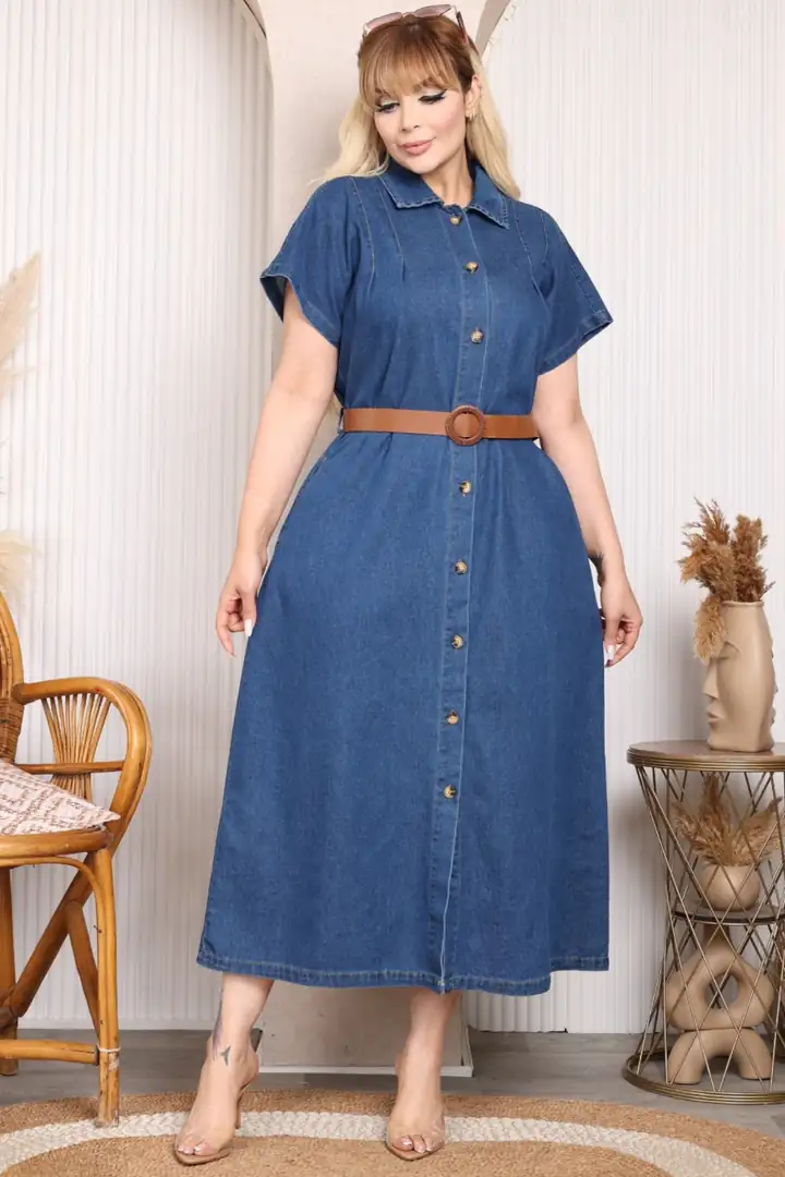 Kadın Büyük Beden Önden Düğmeli Kuşaklı Denim Kot Elbise - Mavi