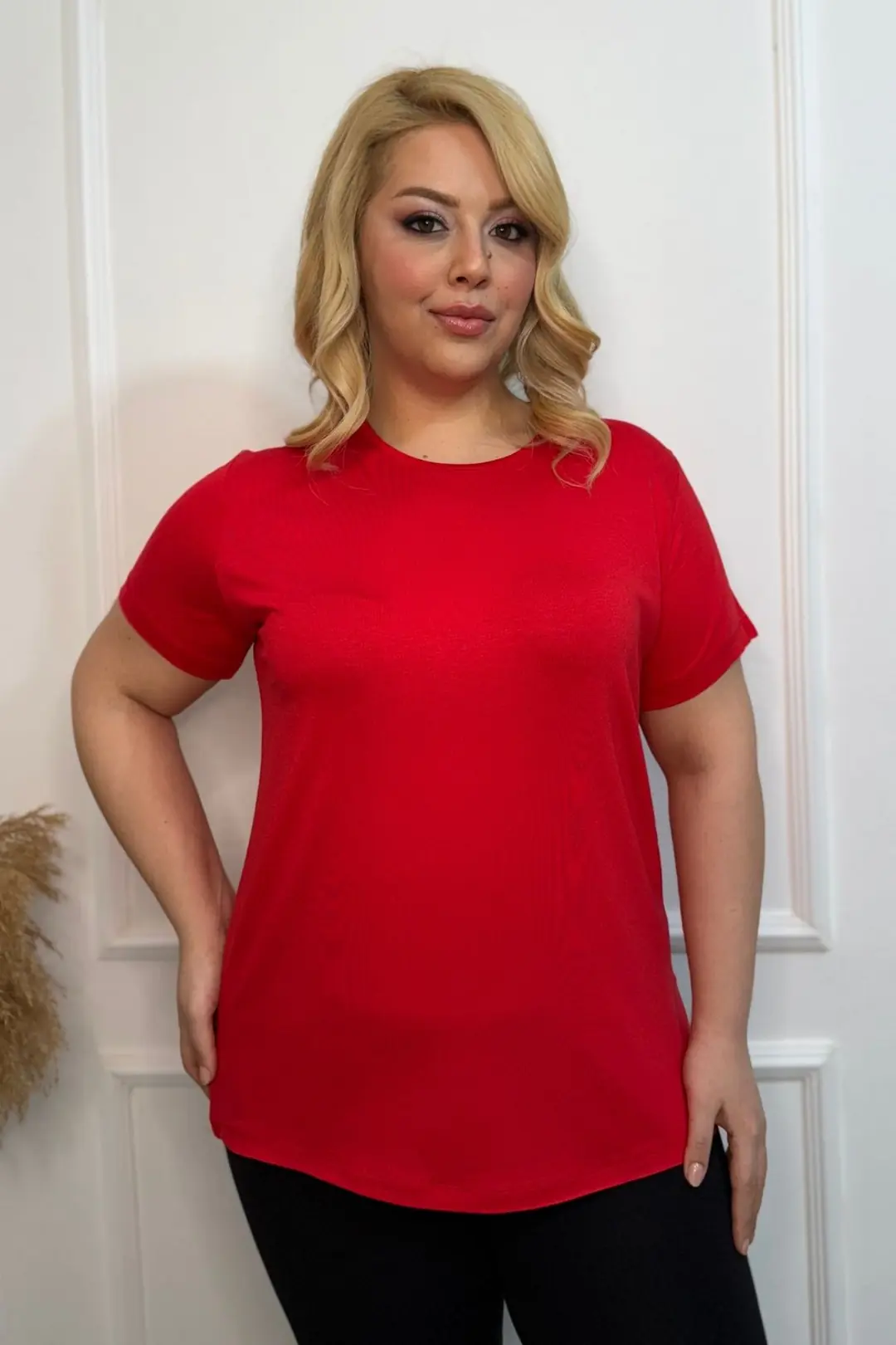 Büyük Beden Bisiklet Yaka Kısa Kollu Penye Tunik T-Shirt - Konfor Modeli