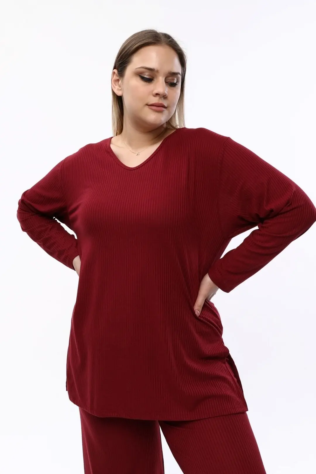 Büyük Beden Yandan Yırtmaçlı Ikili Takım Fitilli Konforlu Pantolonlu Tunik 2'li Şık Alt-üst Takım