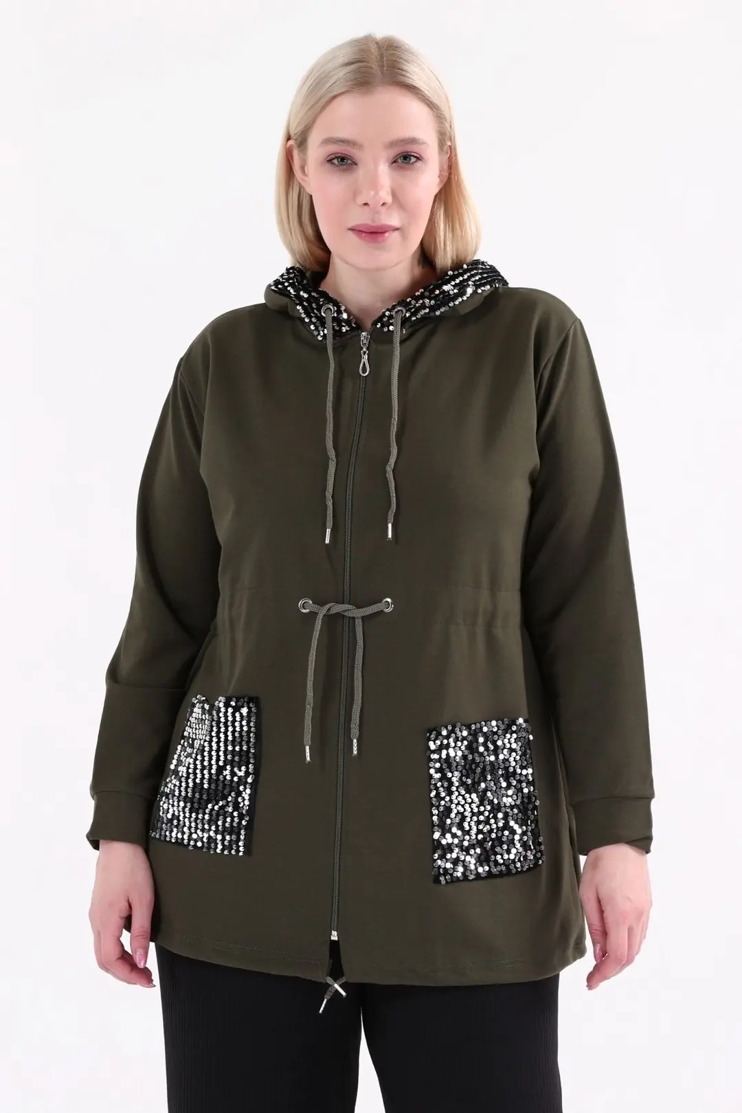 Büyük Beden Siyah Kapüşonlu Parlak Pul Detaylı Fermuarlı Sweatshirt  Cepli & Rahat Kalıp