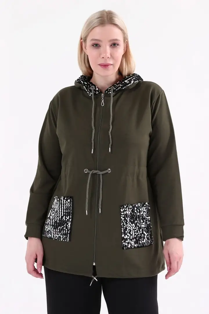 Büyük Beden Siyah Kapüşonlu Parlak Pul Detaylı Fermuarlı Sweatshirt  Cepli & Rahat Kalıp