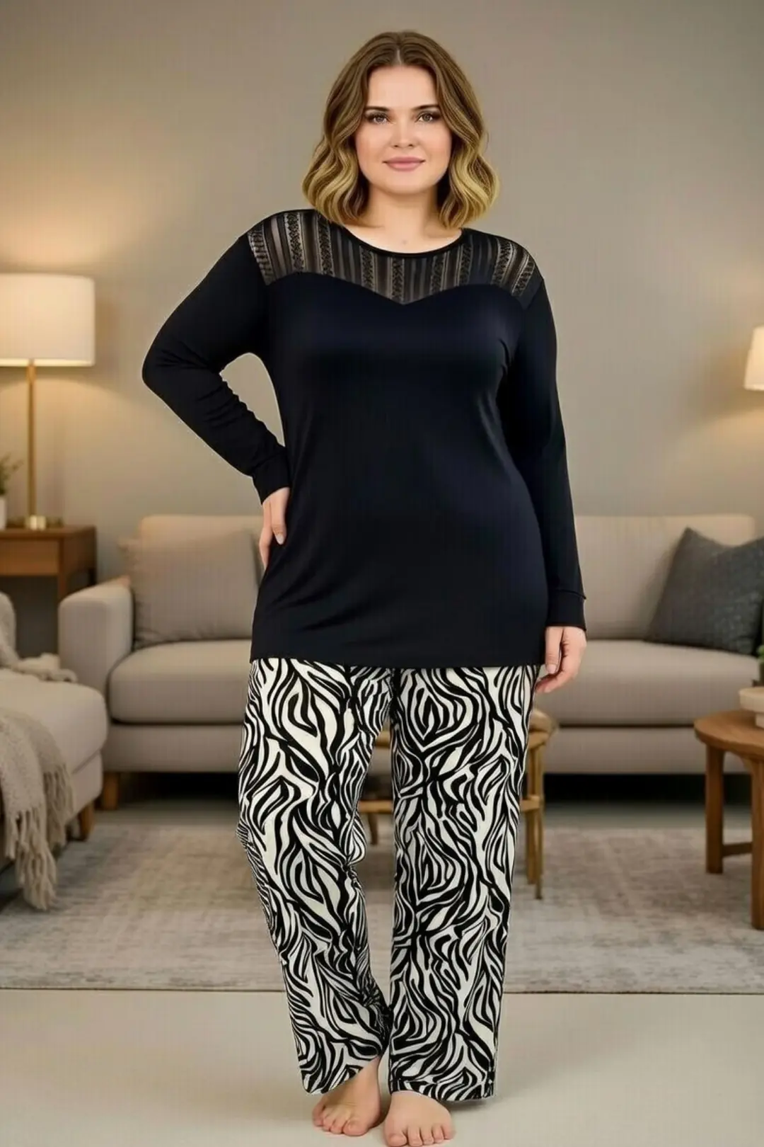 Kadın Büyük Beden Uzun Kollu Pijama Takımı