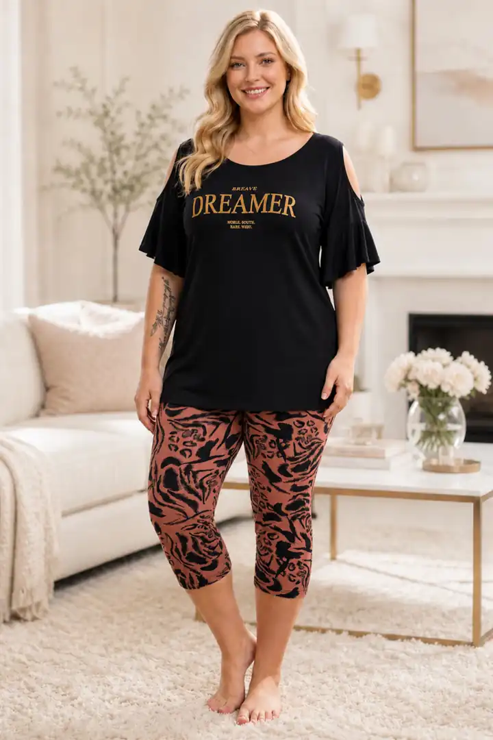  Büyük Beden Beli Lastikli Konfor Modeli Viskon Pamuklu Kadın Kapri Pijama Takım - Dreamer