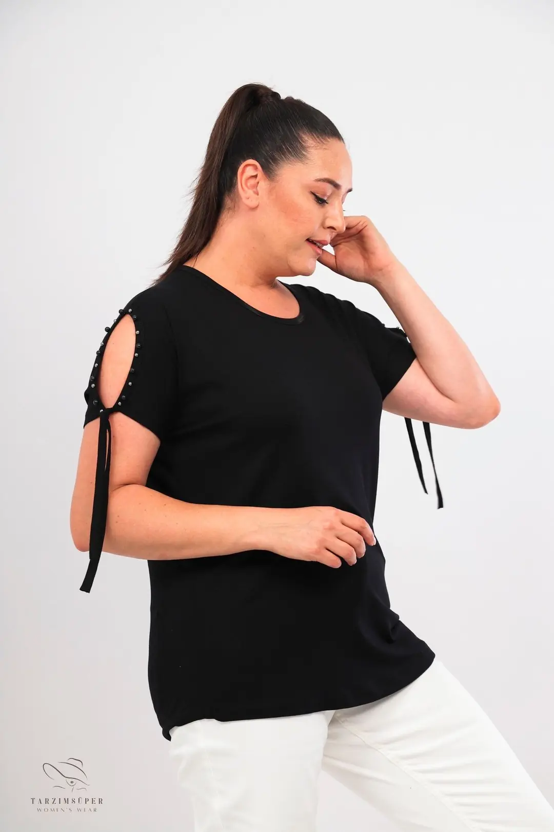Büyük Beden Yeni Sezon Konfor Modeli Kol Bağlamalı Inci Detaylı Kısa Kollu Penye Tunik T-shirt