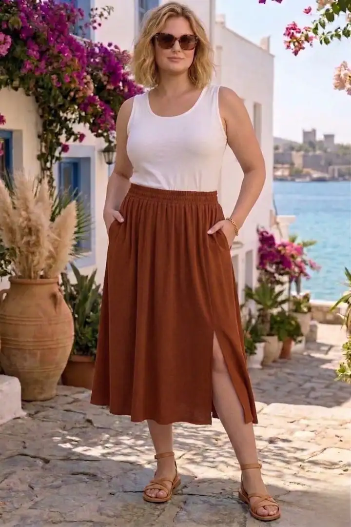 Kadın Yırtmaçlı Airobin Midi Etek - Beli Lastikli Rahat Kesim - Tarçın