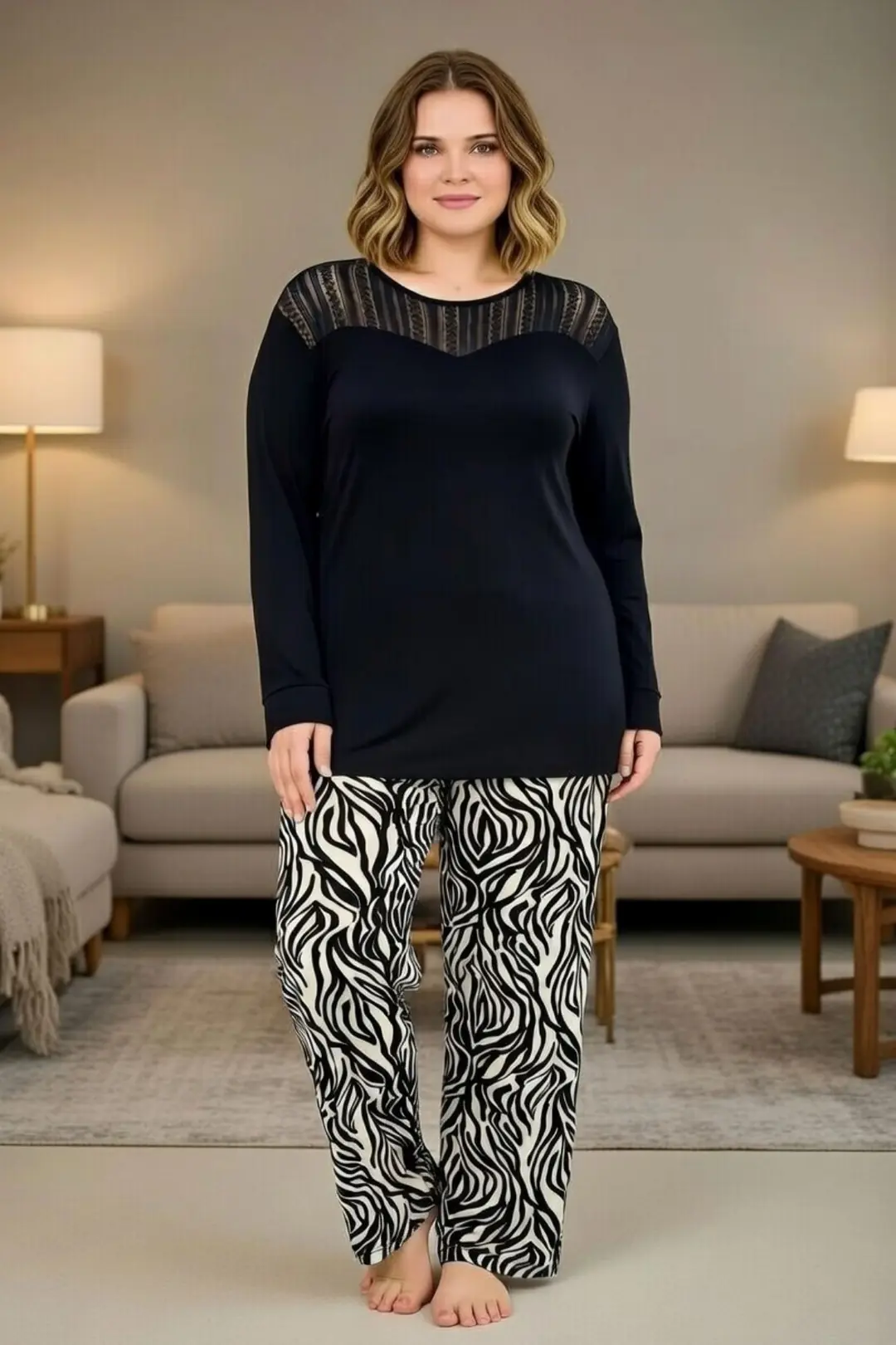 Kadın Büyük Beden Uzun Kollu Pijama Takımı