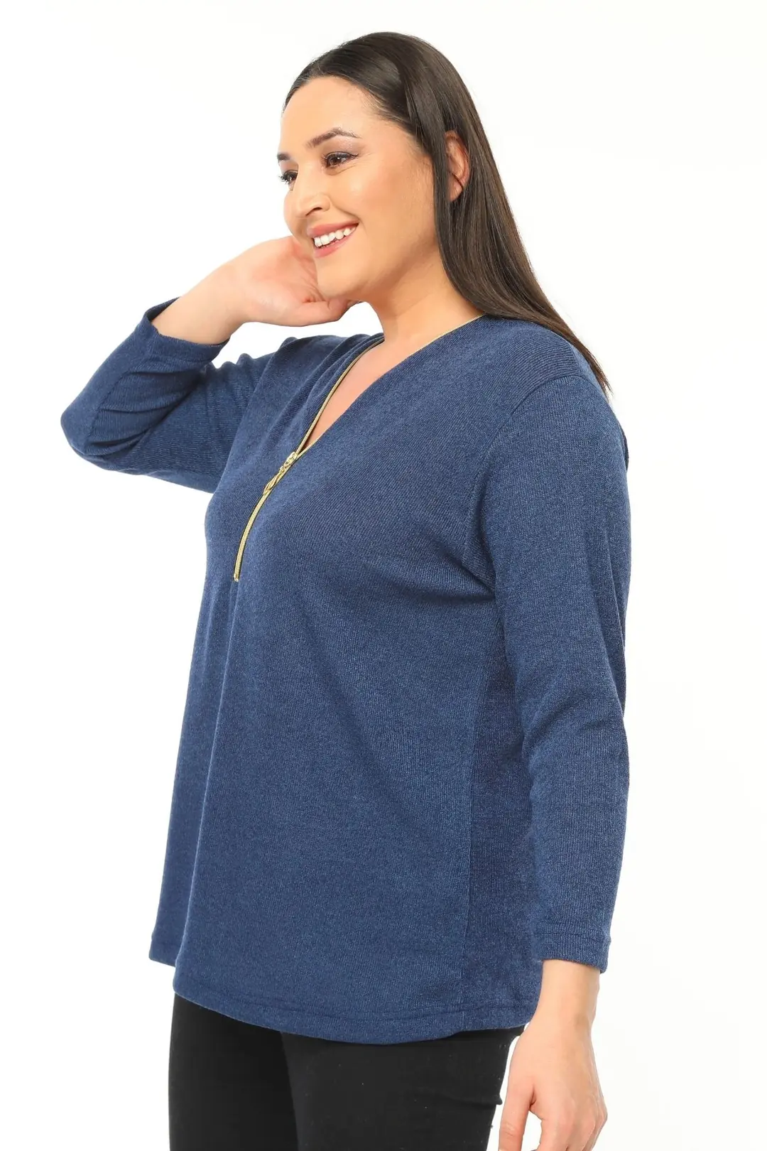 Büyük Beden Kadın V Yaka Fermuarlı Yumuşak Dokulu Triko Kazak Plus Size Konfor Modeli