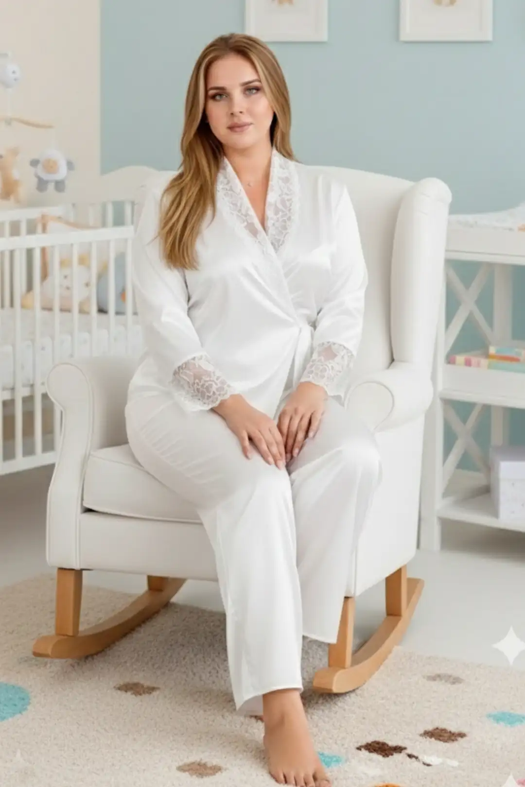 “Büyük Beden Lüks Saten Premium Comfort Serisi Bağlamalı Dantelli Lohusa Pijama Takımı”