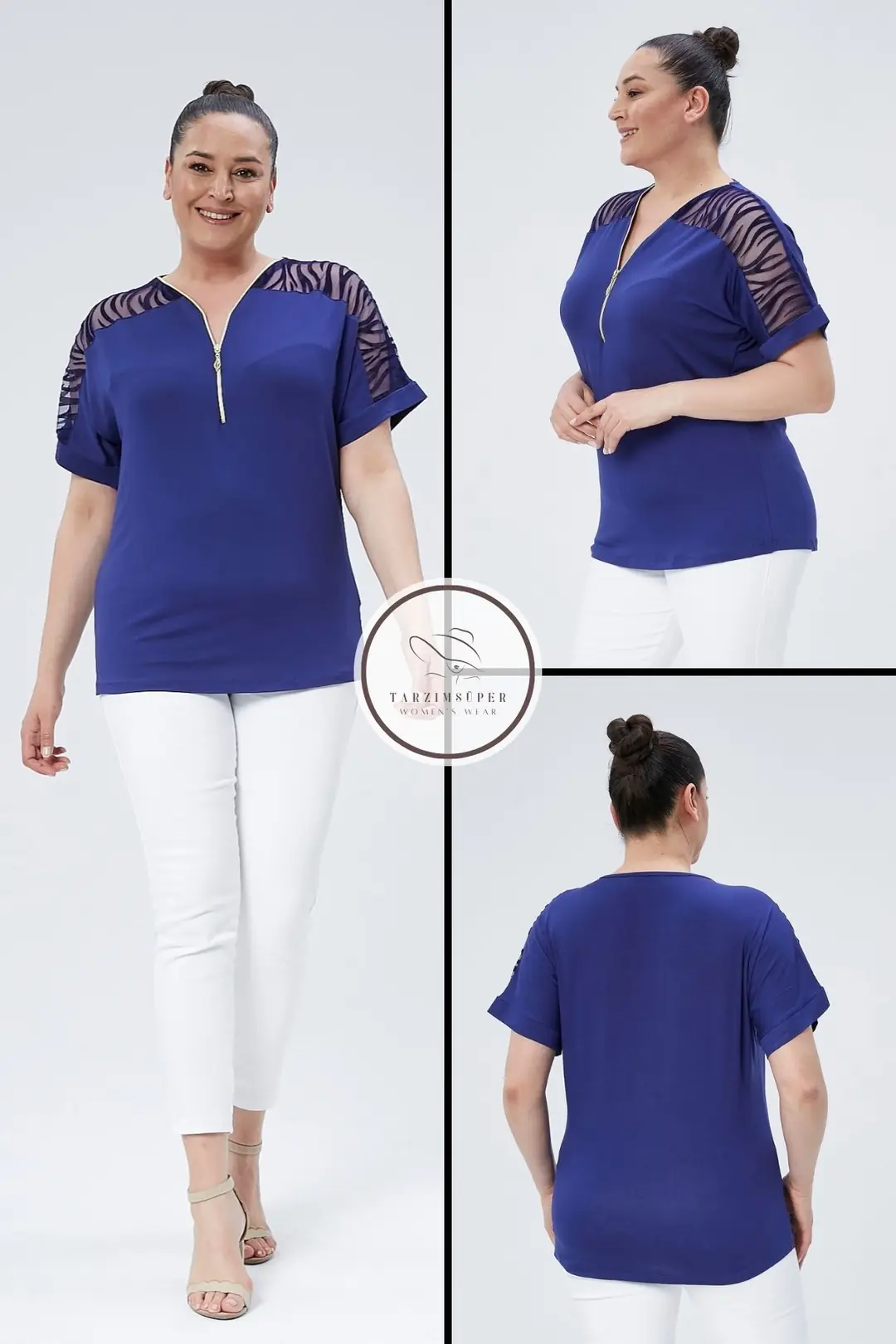 Büyük Beden Transparan Kollu Fermuarlı Kısa Kollu Penye Tunik T-Shirt - Şık Konfor Modeli