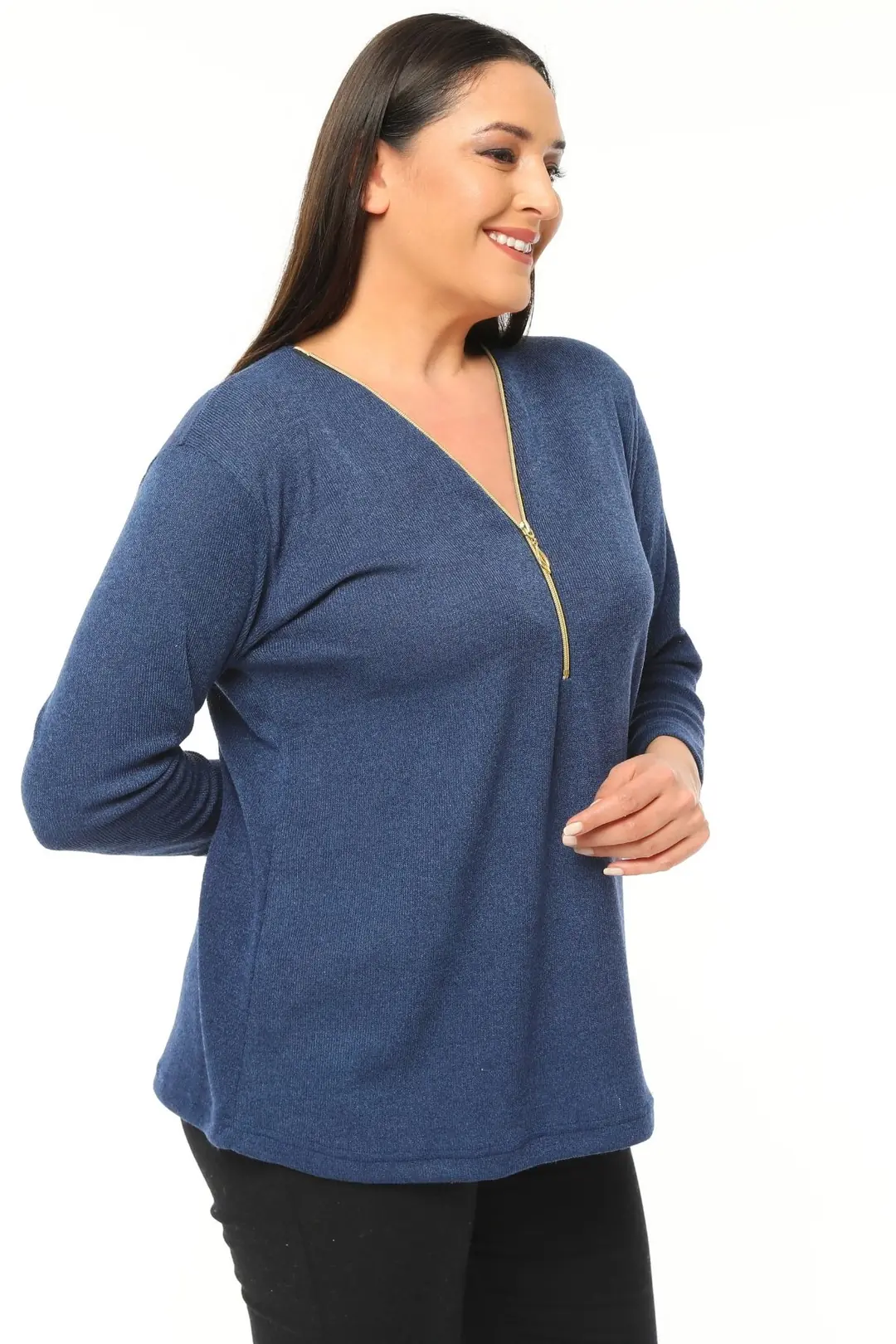 Büyük Beden Kadın V Yaka Fermuarlı Yumuşak Dokulu Triko Kazak Plus Size Konfor Modeli
