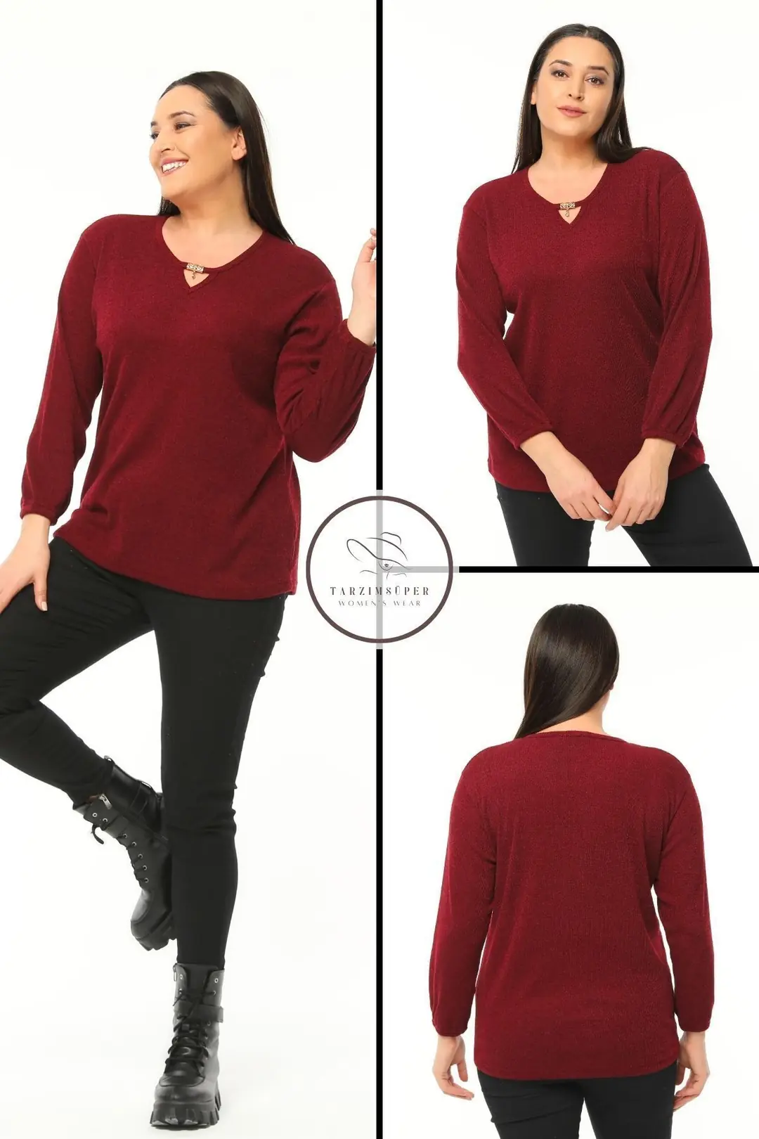 Büyük Beden Kadın Bordo Yaka Detaylı Yumuşak Triko Bluz  Kolu Lastikli Plus Size