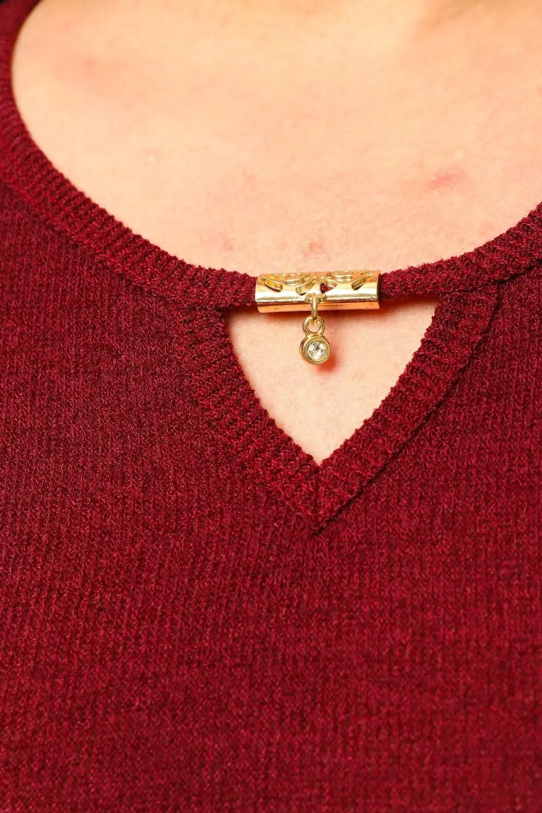 Büyük Beden Kadın Bordo Yaka Detaylı Yumuşak Triko Bluz  Kolu Lastikli Plus Size