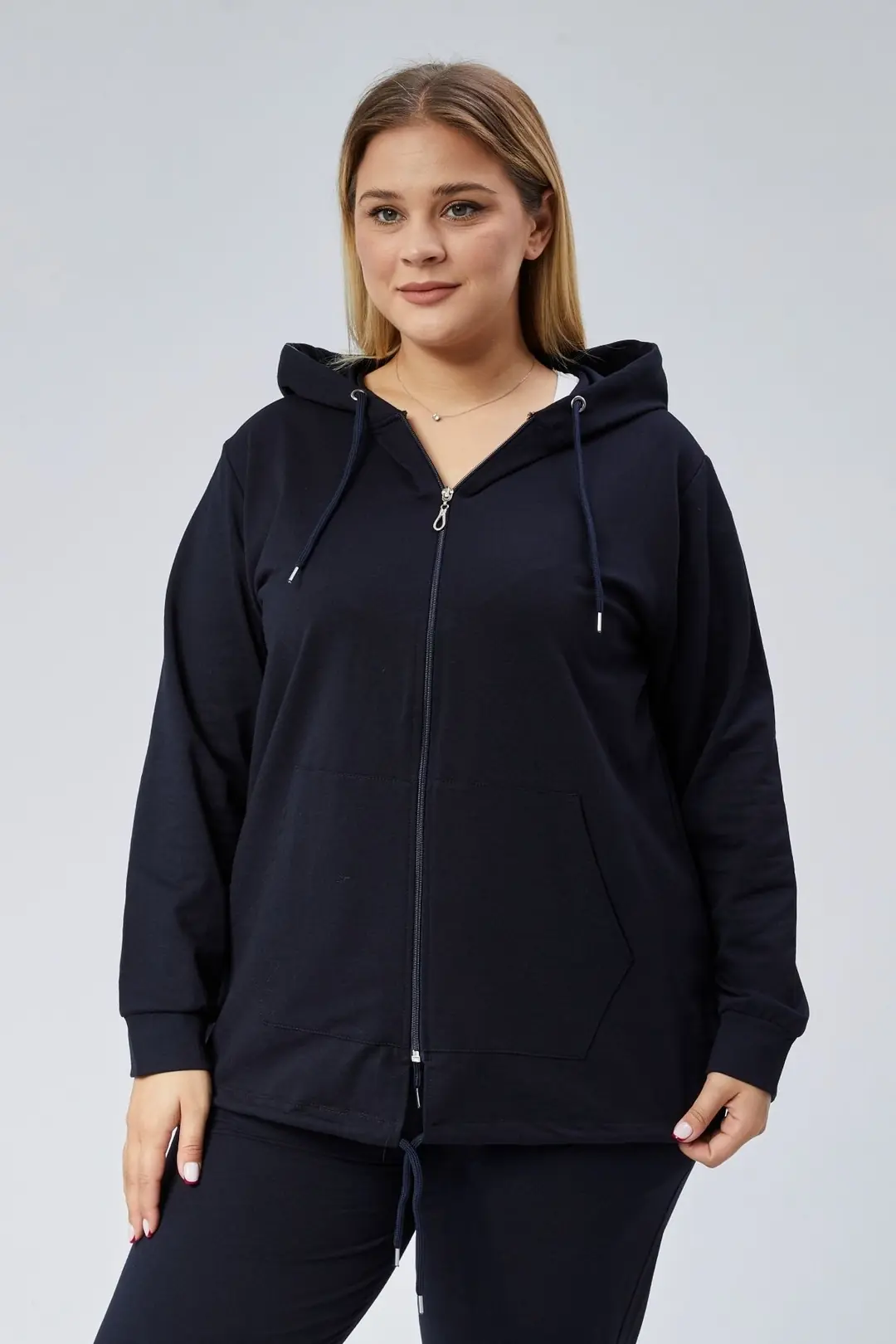 Kadın Büyük Beden Kapüşonlu Fermuarlı Model 2 Cepli Uzun Gri Spor & Günlük Sweatshirt 