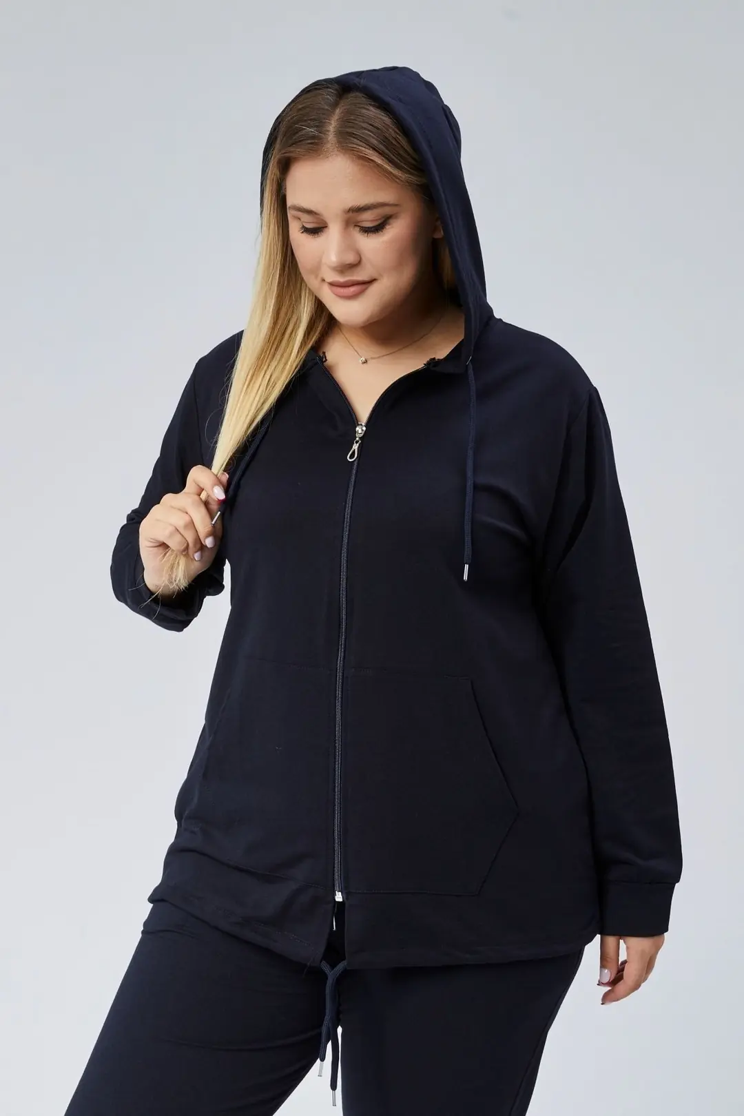 Kadın Büyük Beden Kapüşonlu Fermuarlı Model 2 Cepli Uzun Gri Spor & Günlük Sweatshirt 