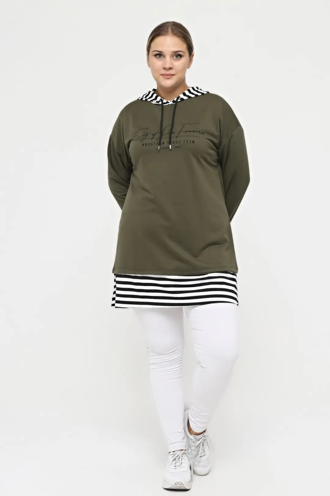 Büyük Beden %100 Pamuklu Baharlık Yanı Yırtmaçlı Konfor Modeli Çizgi Detaylı Kapüşonlu Sweatshirt