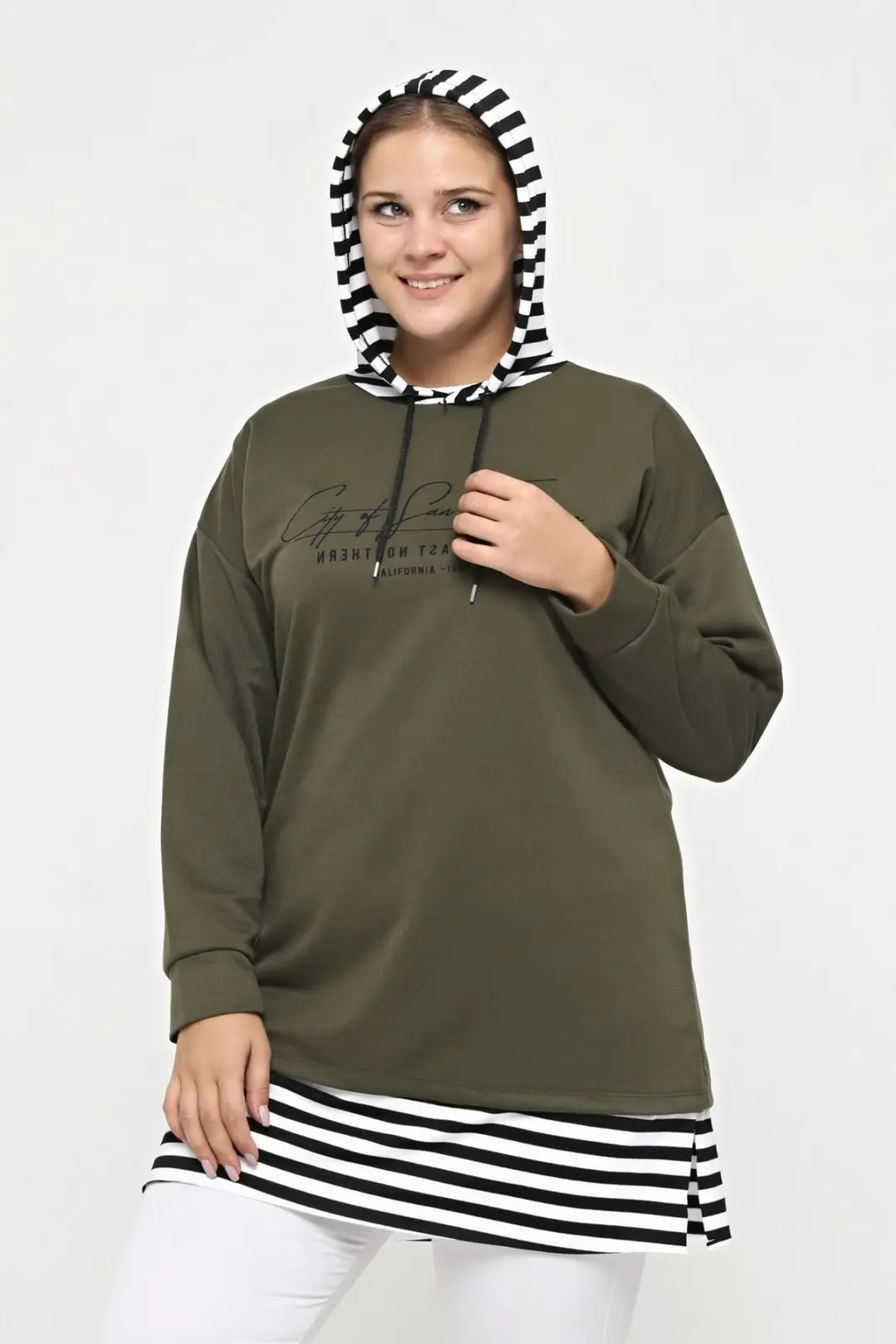 Büyük Beden %100 Pamuklu Baharlık Yanı Yırtmaçlı Konfor Modeli Çizgi Detaylı Kapüşonlu Sweatshirt