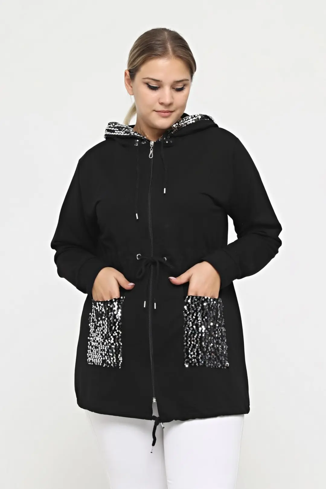 Büyük Beden Siyah Kapüşonlu Parlak Pul Detaylı Fermuarlı Sweatshirt  Cepli & Rahat Kalıp