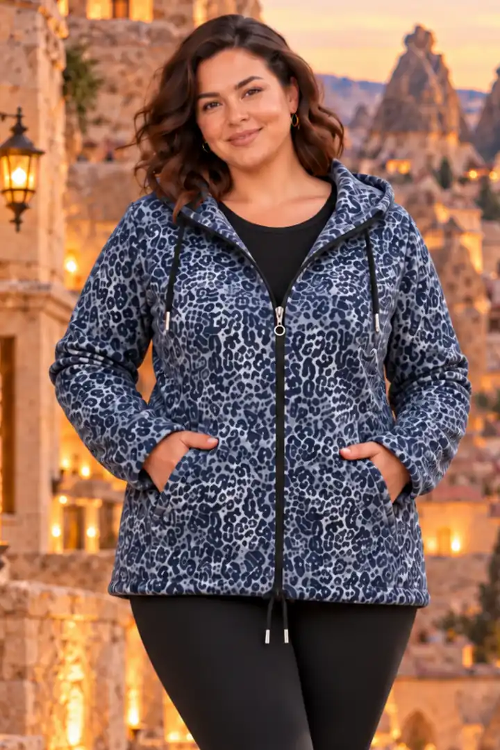 Leopar Büyük Beden Kapüşonlu Fermuarlı Polar Sweatshirt - Sıcak Tutan Şık Model - Gri-Leopar