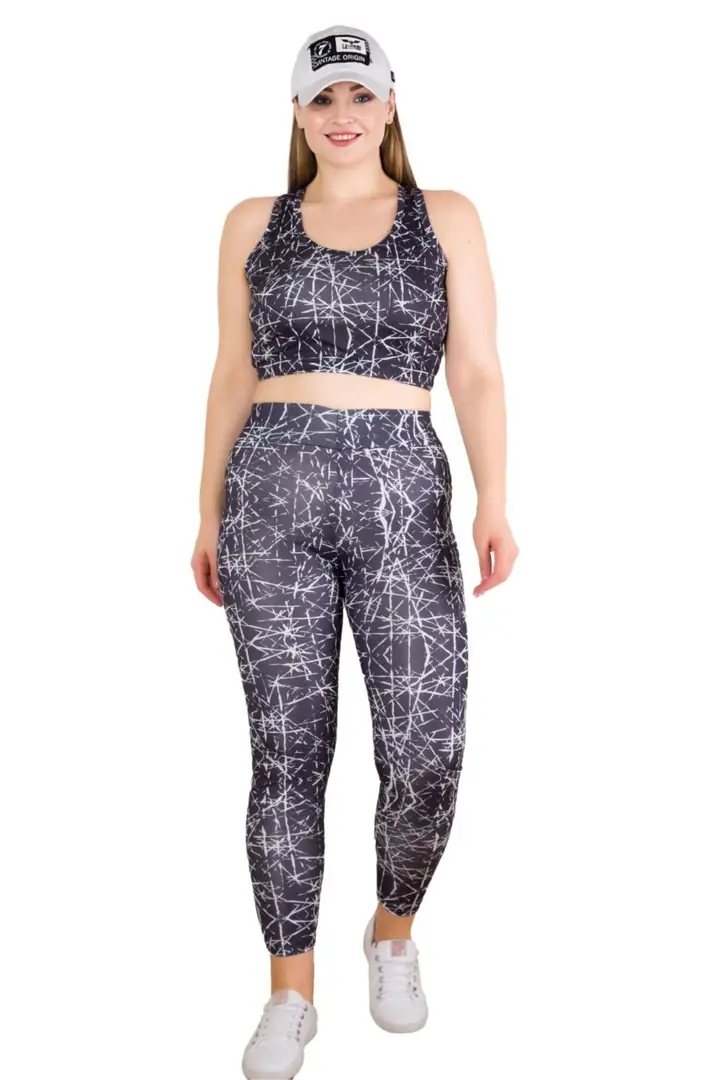 Kadın Büyük Beden Yüksek Bel Tayt Ve Kalın Askılı Balensiz Crop Top Büstiyer 2'li Takım - Lacivert