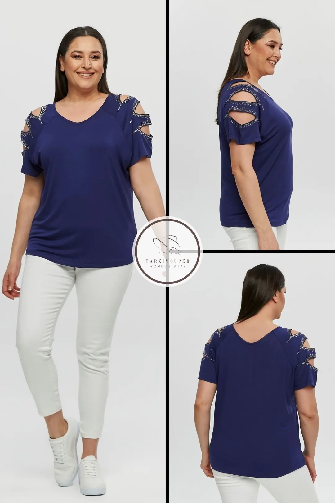 Lacivert Büyük Beden Pullu Kollu V Yaka Penye Tunik T-Shirt - Şık Konfor Modeli