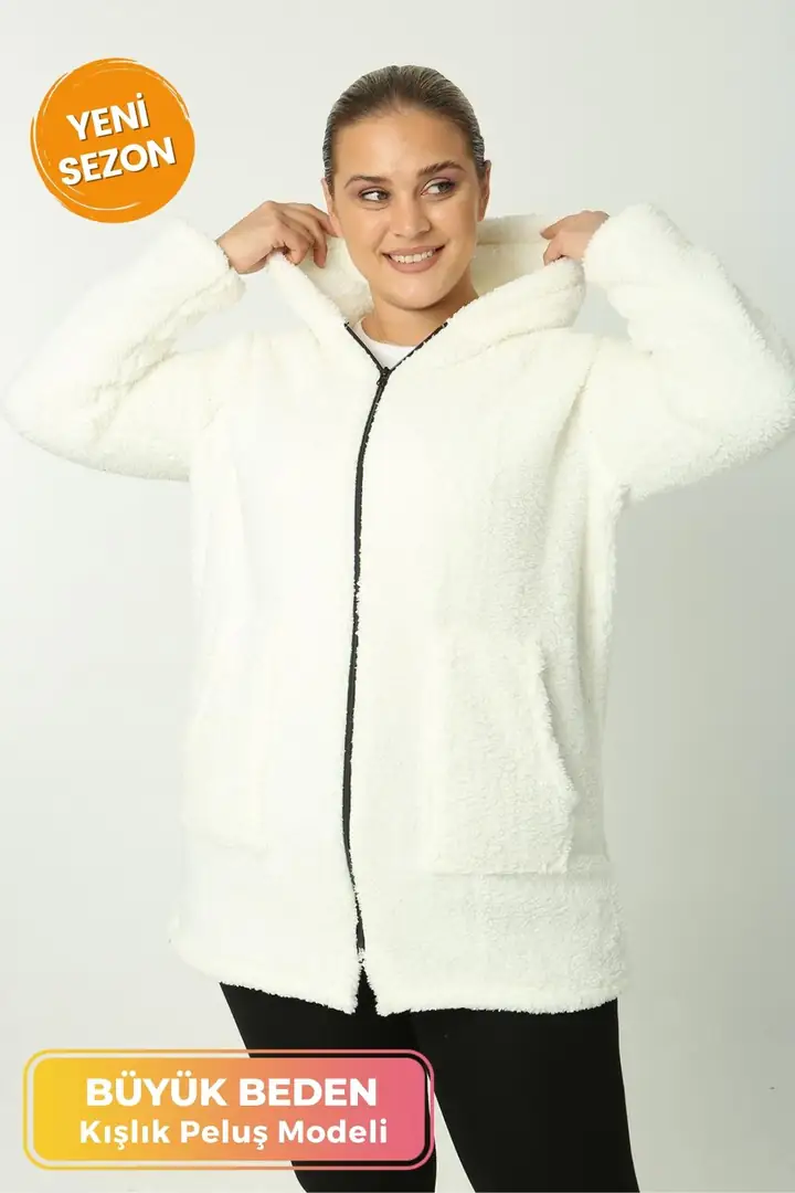 Büyük Beden Sıcak Tutan Peluş Sweat Fermuarlı Kapüşonlu 2 Cepli Örme Peluş Polar Sweatshirt - Byaz