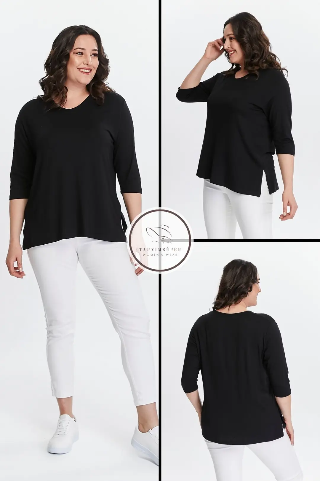 Büyük Beden Yeni Sezon Yandan Yırtmaçlı Konfor Modeli Yarım Kollu Rahat Anne Penye Tunik Bluz
