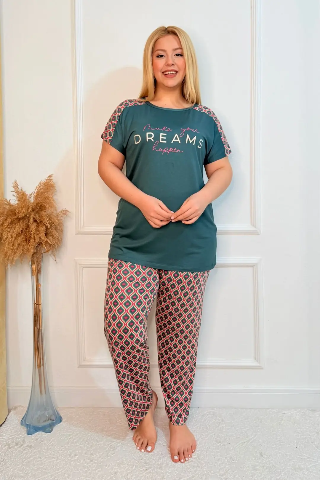 Büyük Beden Lüks Pijama Takımı Beli Lastikli Konfor Modeli Pamuklu Kadın Pijama Takım