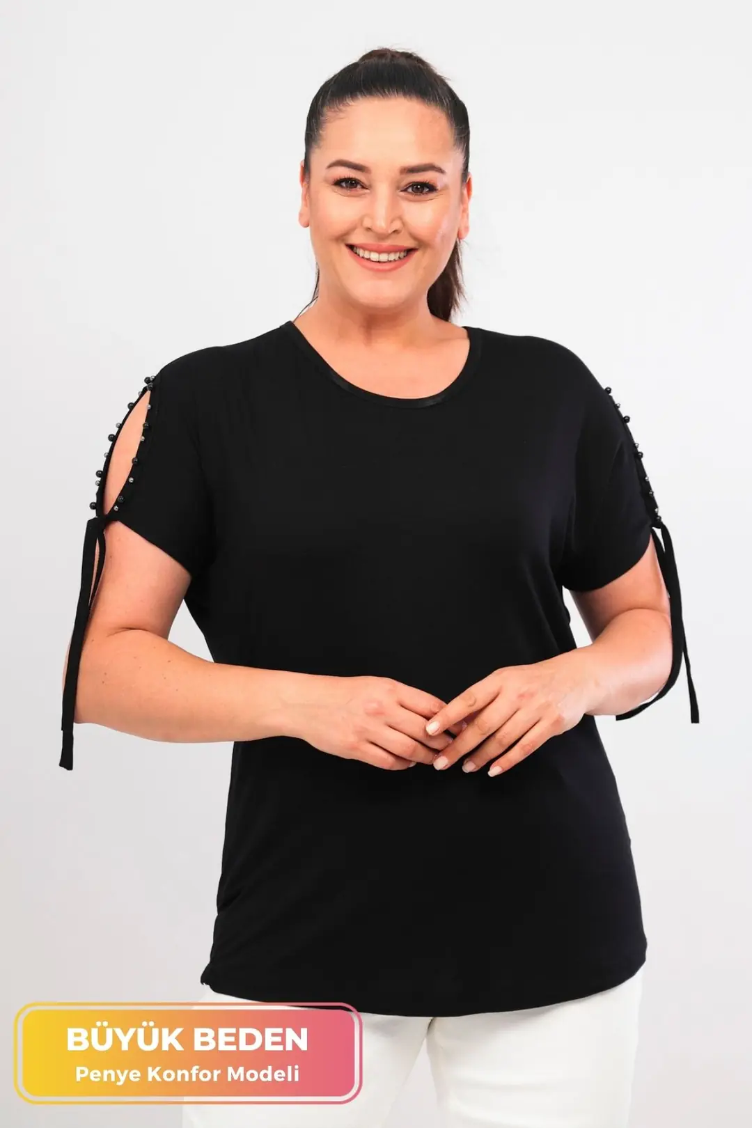 Büyük Beden Yeni Sezon Konfor Modeli Kol Bağlamalı Inci Detaylı Kısa Kollu Penye Tunik T-shirt