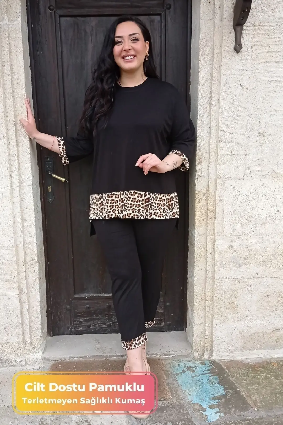 Büyük Beden 2'li Konfor Modeli Leopar Desen Pantolonlu Tunik Şık Siyah Leoparlı Ikili Alt-üst Takım