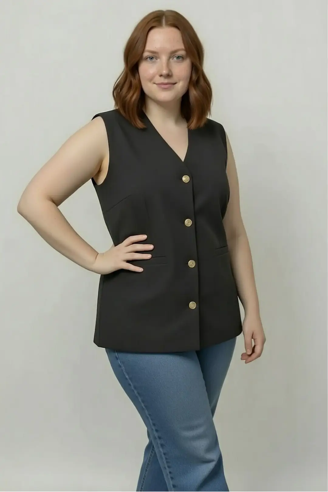 Premium Seri Kadın Büyük Beden Oversize Düğmeli Blazer Yelek  Siyah – Astarlı Şık Model Cepken
