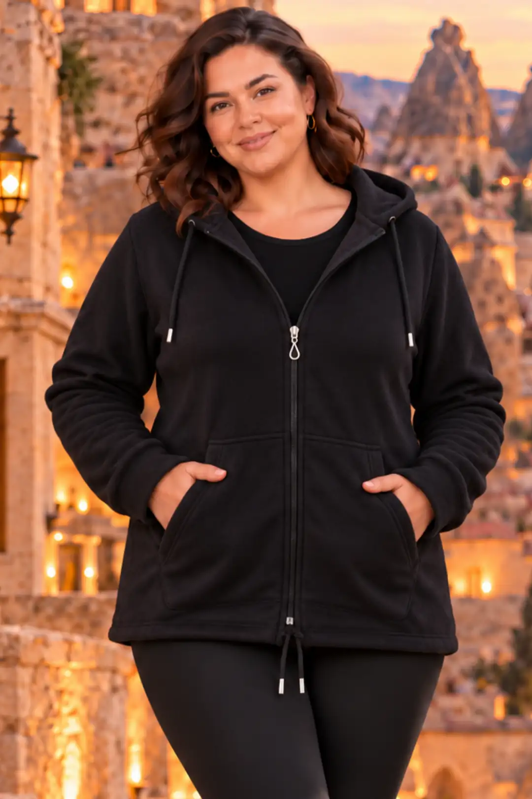 Leopar Büyük Beden Kapüşonlu Fermuarlı Polar Sweatshirt - Sıcak Tutan Şık Model