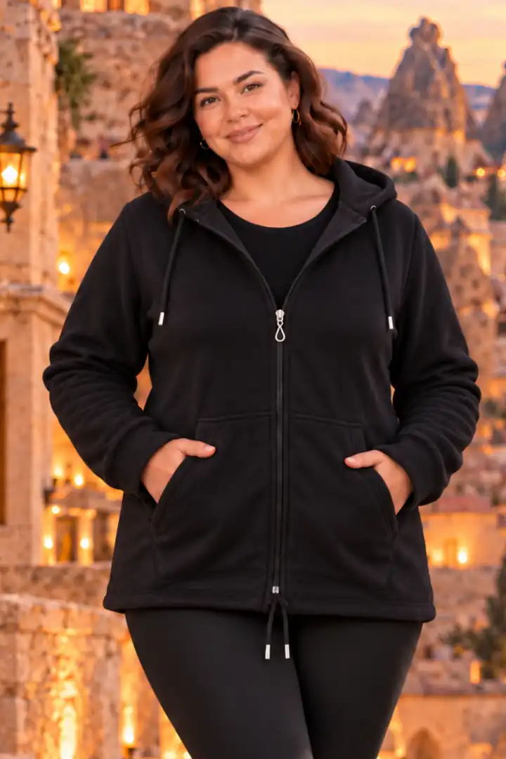 Leopar Büyük Beden Kapüşonlu Fermuarlı Polar Sweatshirt - Sıcak Tutan Şık Model - Siyah