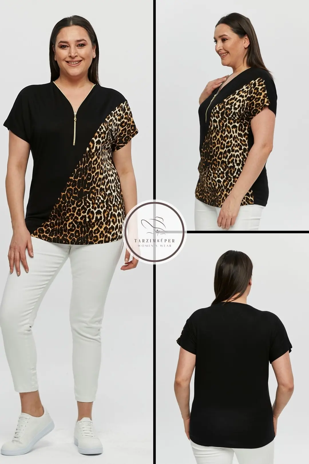 Büyük Beden Fermuarlı Çapraz Leoparlı Kısa Kollu Penye Tunik T-Shirt - Şık Konfor Modeli