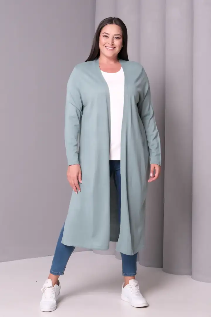 Kadın Büyük Beden Gri Oversize Yumuşak Dokulu Tesettür Hırka Standart - MİNT YEŞİLİ