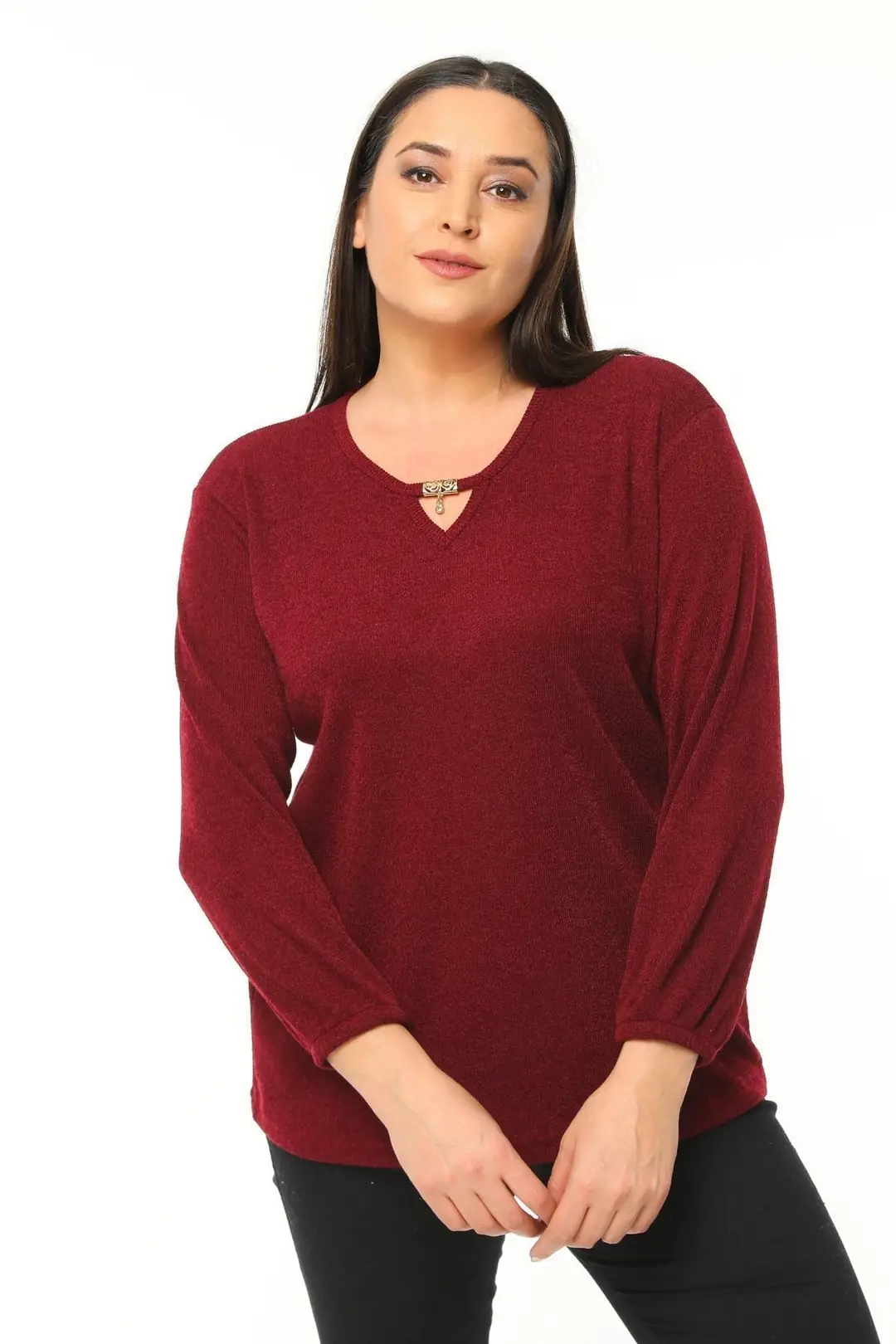 Büyük Beden Kadın Bordo Yaka Detaylı Yumuşak Triko Bluz  Kolu Lastikli Plus Size