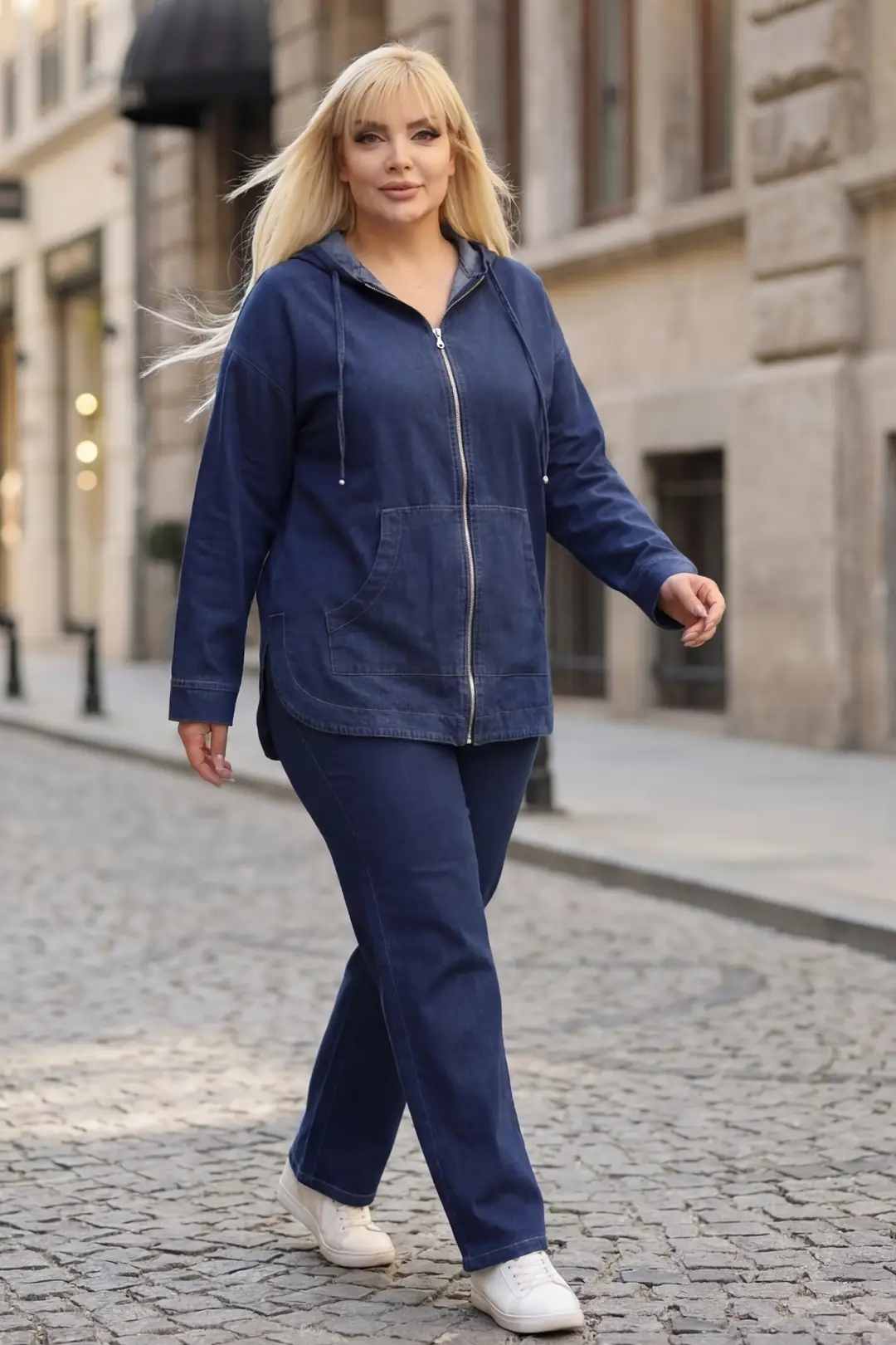Büyük Beden Kadın Kapüşonlu Kot Takım - Fermuarlı Denim Ceket ve Pantolon İkili Takım