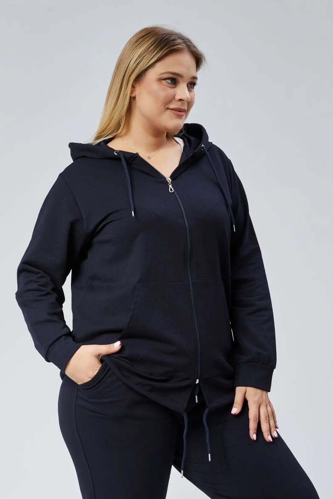 Kadın Büyük Beden Kapüşonlu Fermuarlı Model 2 Cepli Uzun Gri Spor & Günlük Sweatshirt 