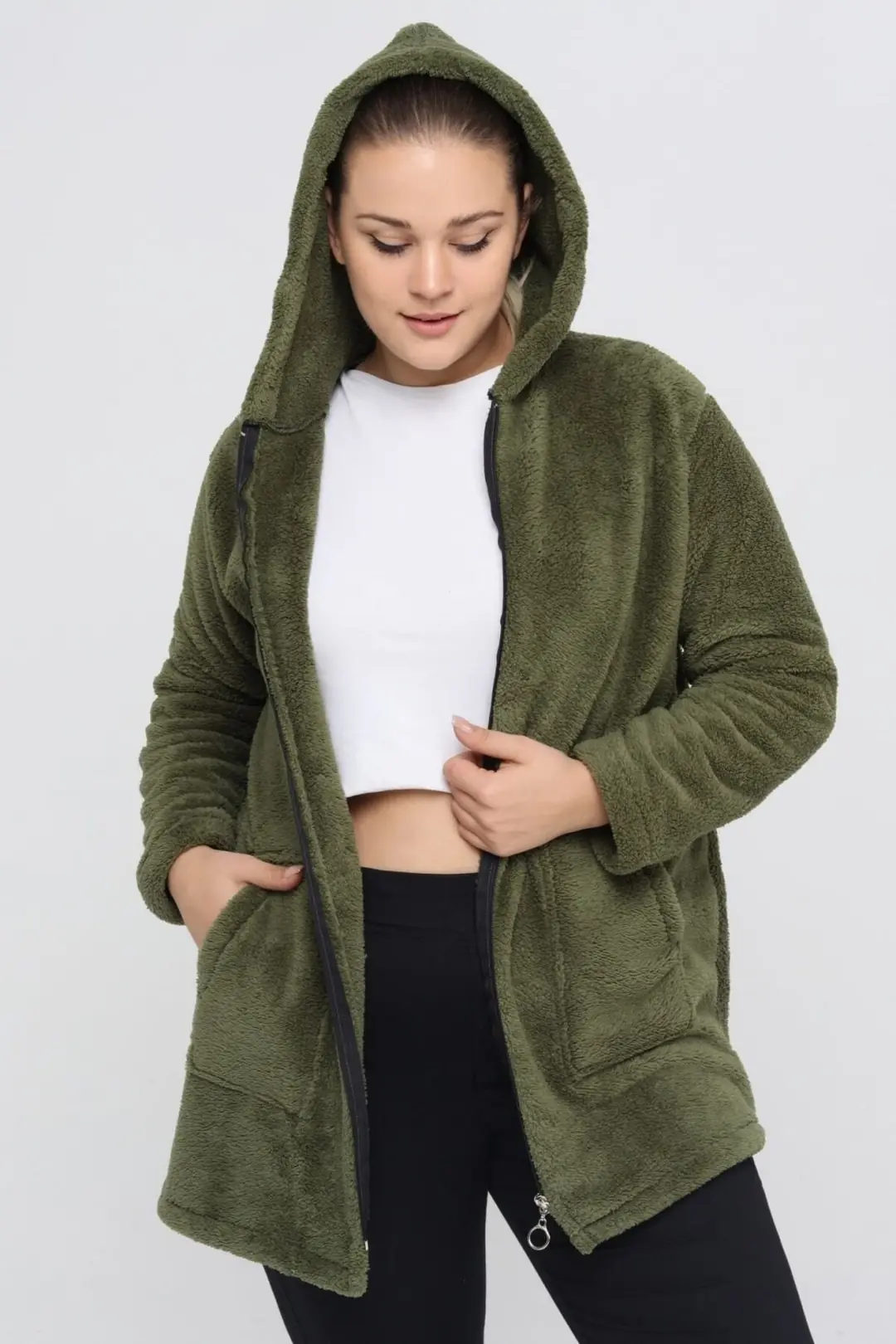 Büyük Beden Sıcak Tutan Peluş Sweat Fermuarlı Kapüşonlu 2 Cepli Örme Peluş Polar Sweatshirt
