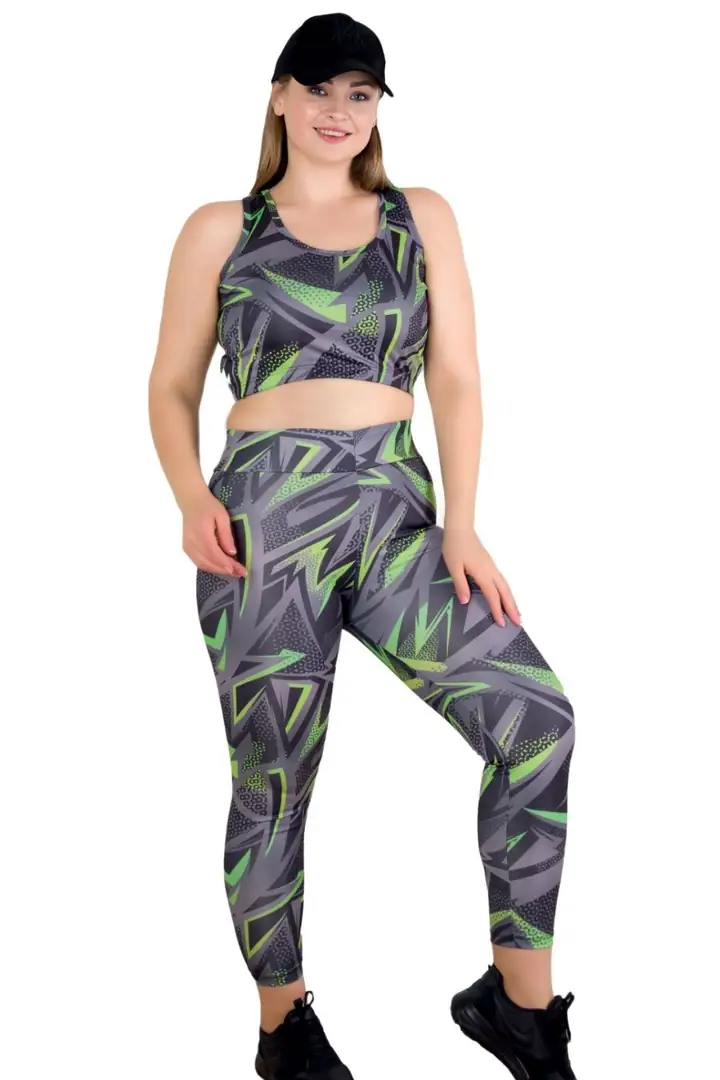 Kadın Büyük Beden Yüksek Bel Tayt Ve Kalın Askılı Balensiz Crop Top Büstiyer 2'li Takım - Yeşil