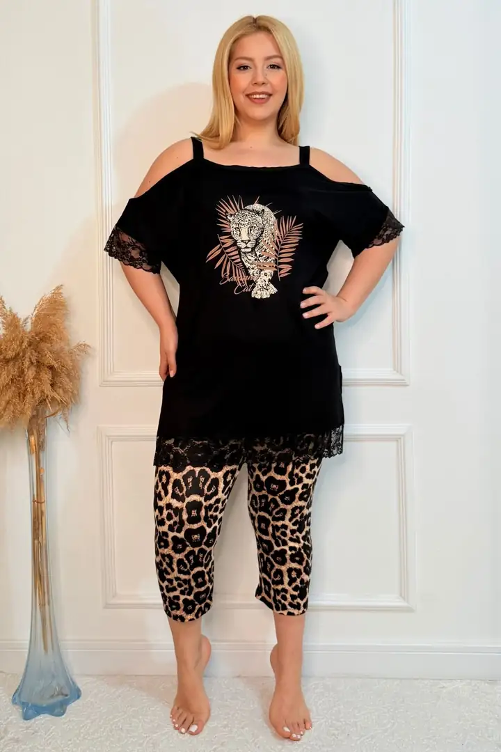  Büyük Beden Beli Lastikli Konfor Modeli Viskon Pamuklu Kadın Kapri Pijama Takım - Leopar Baskılı