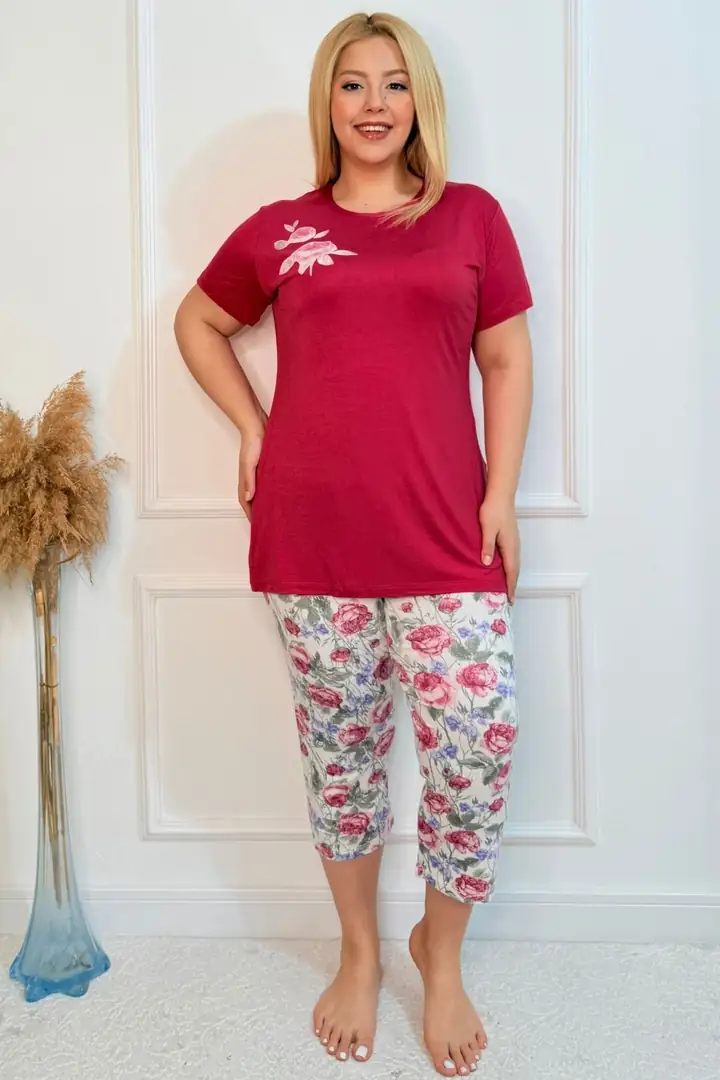  Büyük Beden Beli Lastikli Konfor Modeli Viskon Pamuklu Kadın Kapri Pijama Takım - Vişne Çürüğü