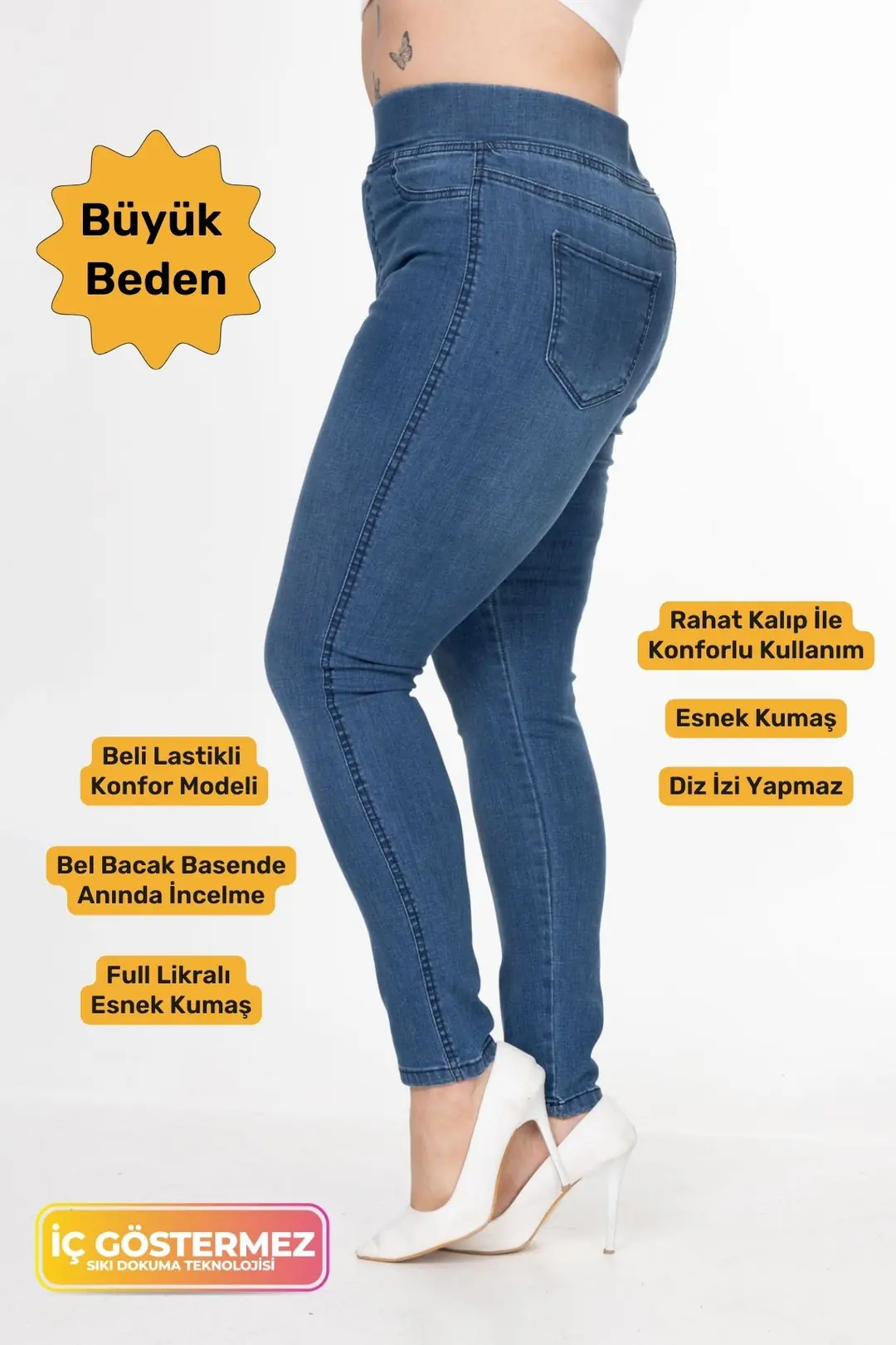 Büyük Beden Full Likralı Esnek Konfor Modeli Beli Lastikli Toparlayıcı Yüksel Bel Tayt Kot Pantolon
