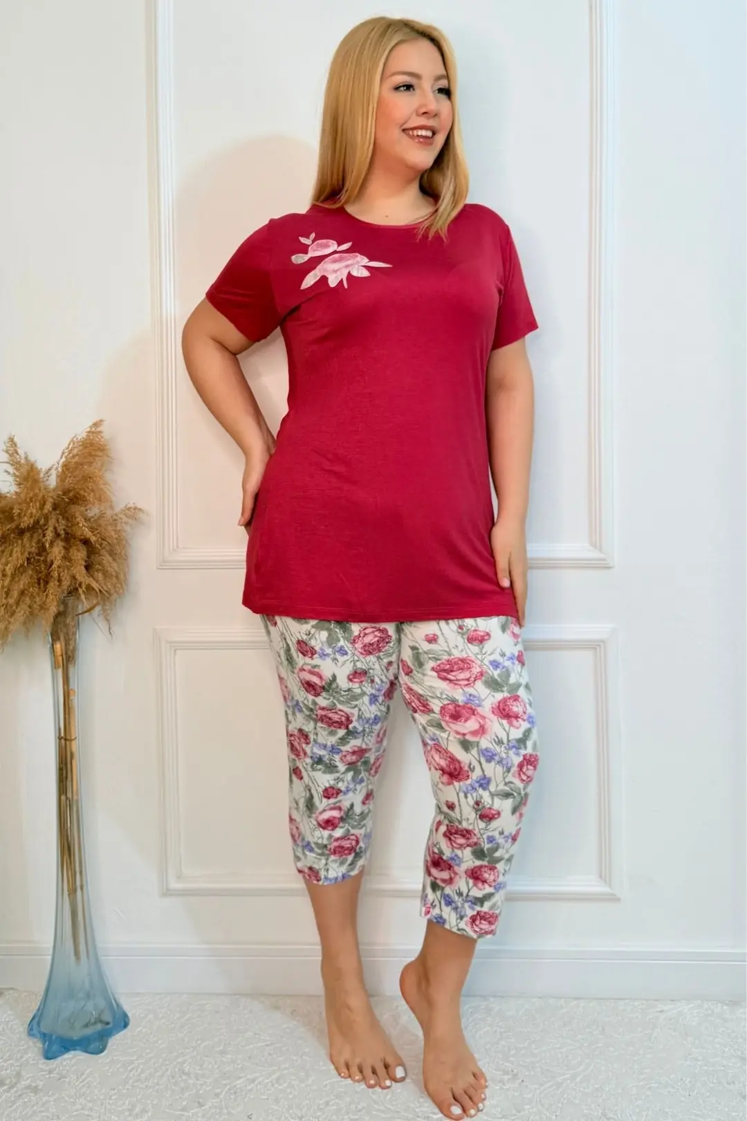  Büyük Beden Beli Lastikli Konfor Modeli Viskon Pamuklu Kadın Kapri Pijama Takım